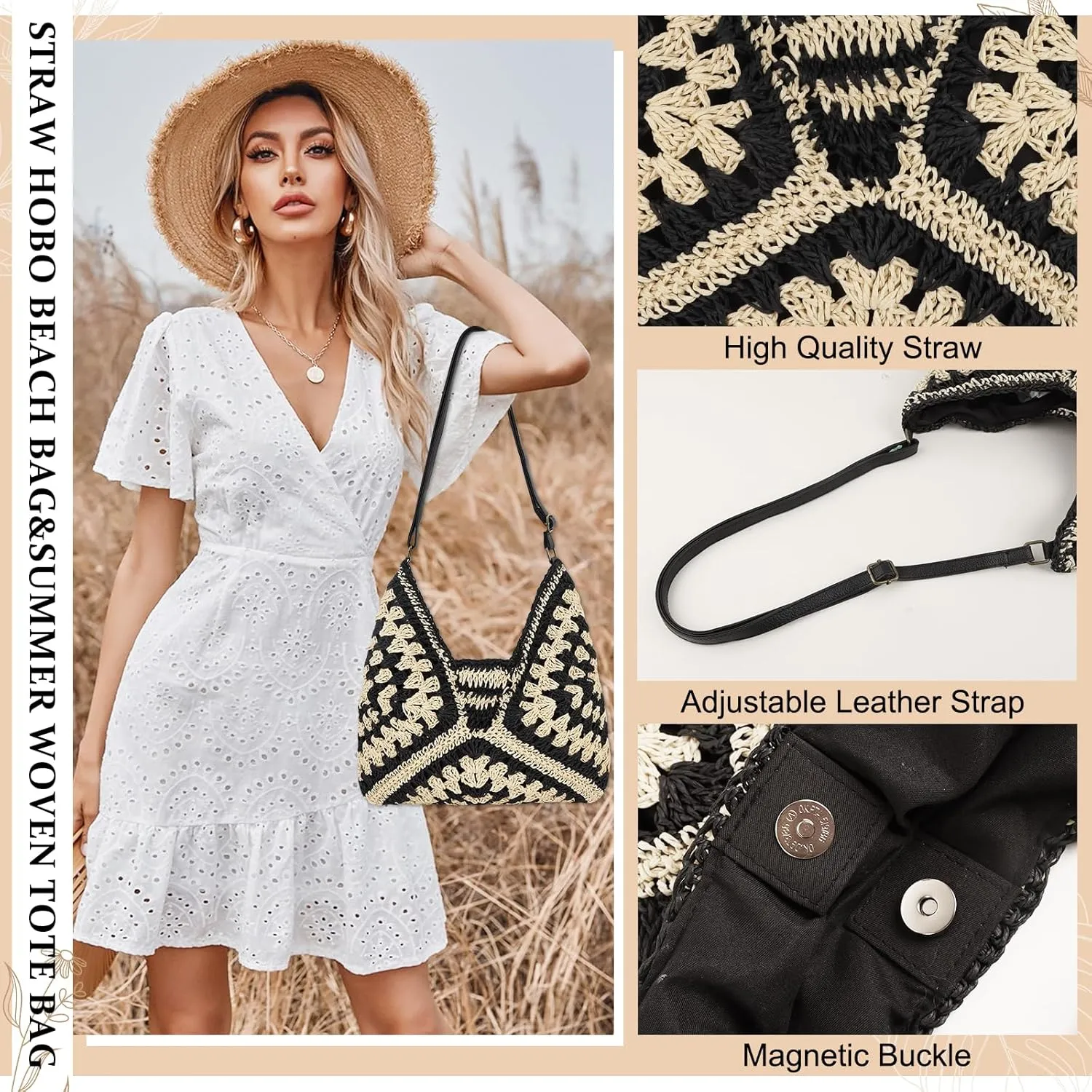 Straw Hobo Beach Bag for Women, Woven Tote Bag Summer Crochet Shoulder Bag,Vintage Foldable Handbag for Travel