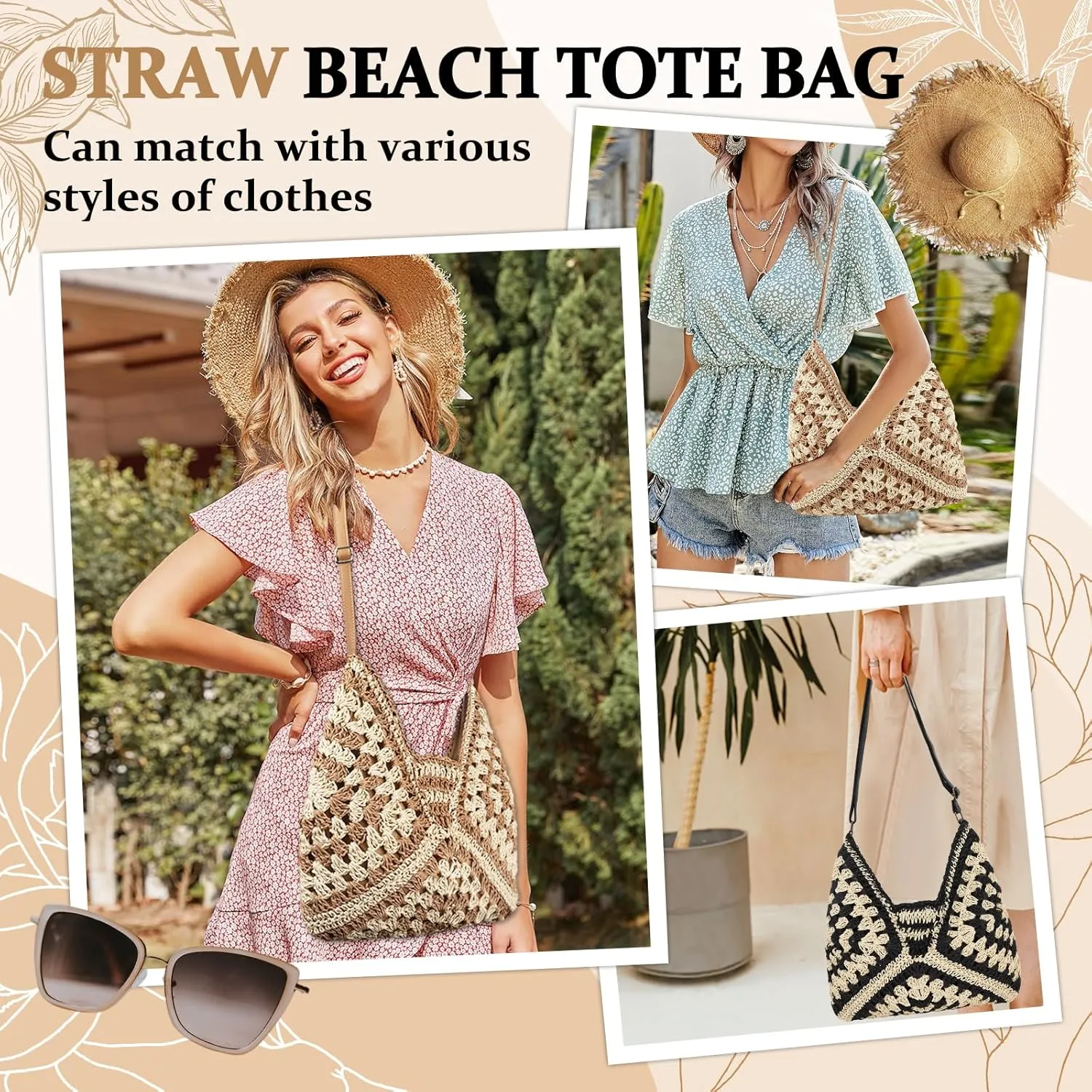 Straw Hobo Beach Bag for Women, Woven Tote Bag Summer Crochet Shoulder Bag,Vintage Foldable Handbag for Travel