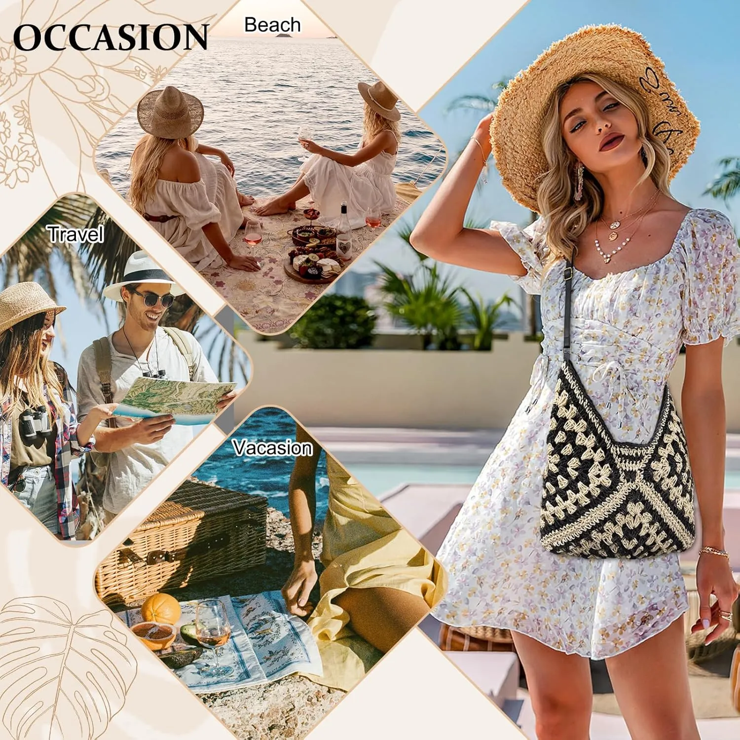 Straw Hobo Beach Bag for Women, Woven Tote Bag Summer Crochet Shoulder Bag,Vintage Foldable Handbag for Travel
