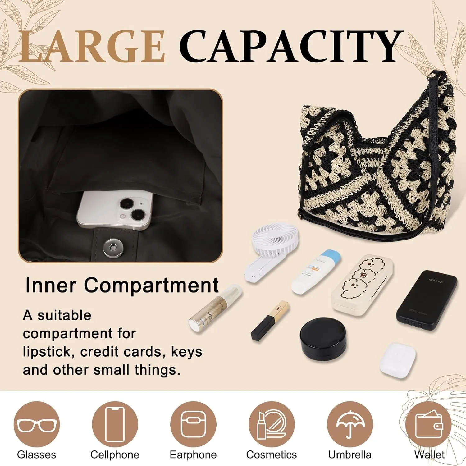 Straw Hobo Beach Bag for Women, Woven Tote Bag Summer Crochet Shoulder Bag,Vintage Foldable Handbag for Travel