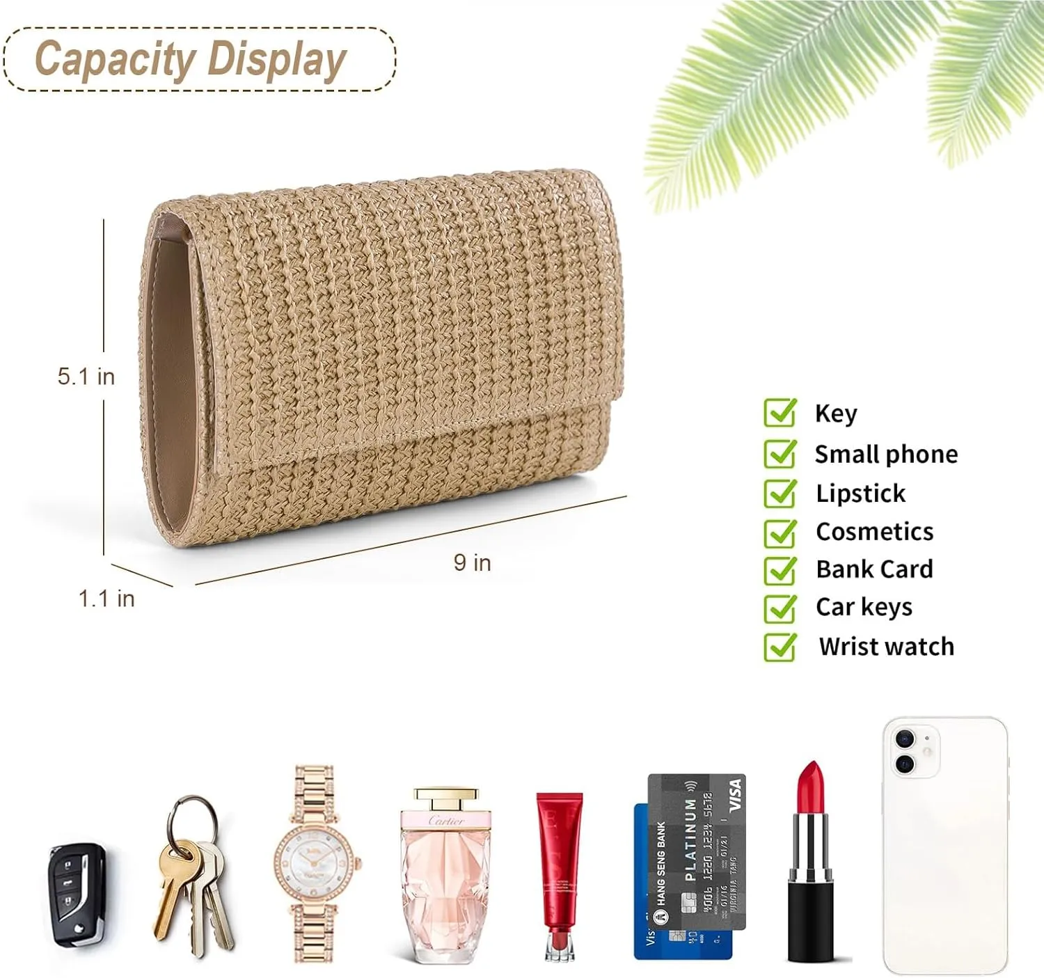 Straw Shoulder Crossbody Bag, Chain Evening Purse Envelope Clutch Handbag Summer Beach Bag