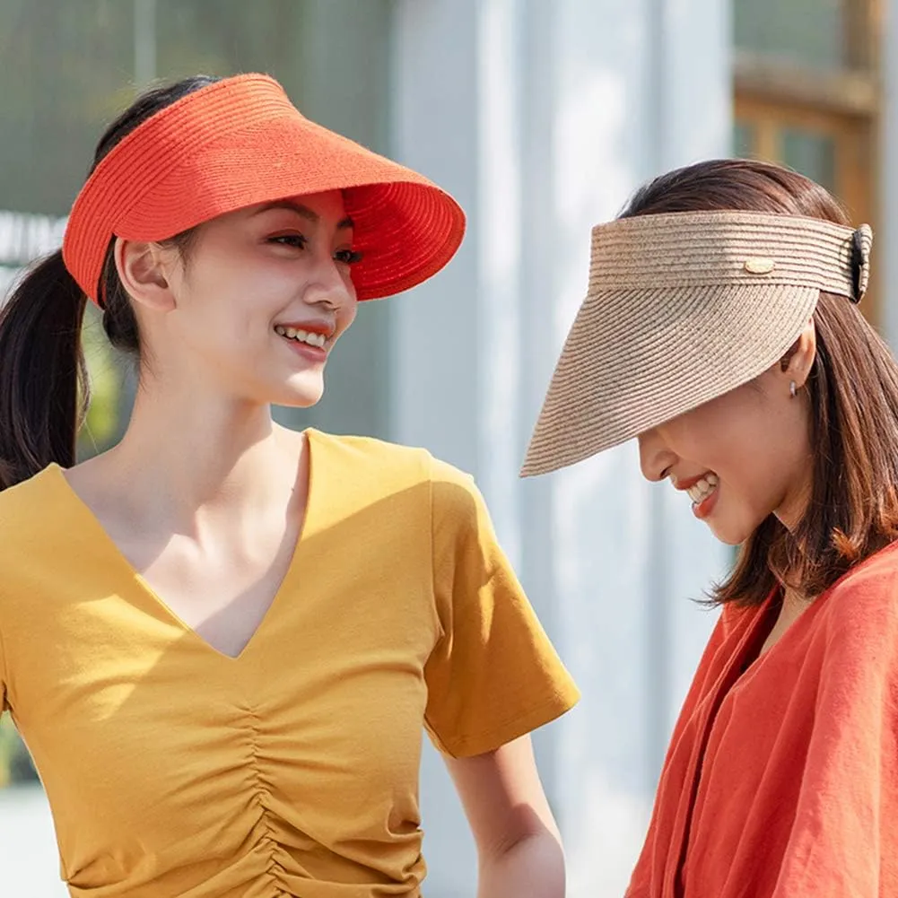 Straw Sun Visor Caps Roll Up Foldable Beach Hat Summer UV Protection UPF 50  for Outdoor Sports Activities