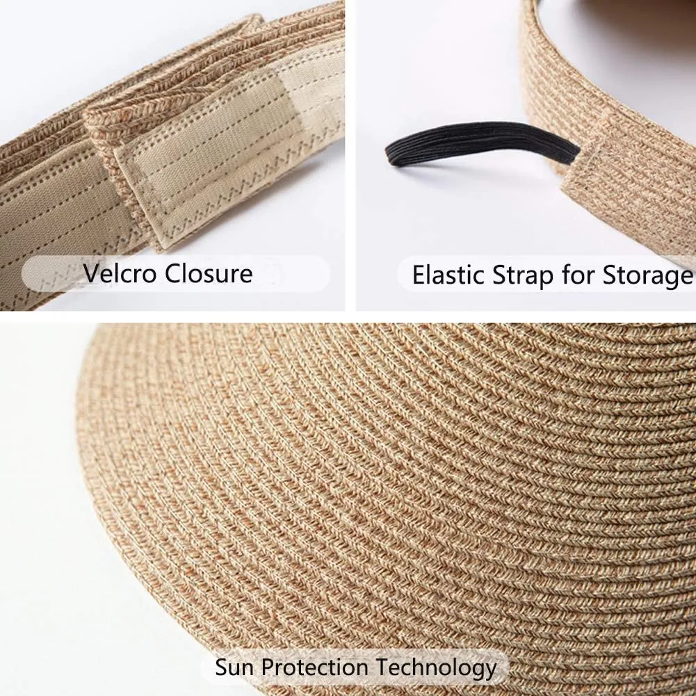 Straw Sun Visor Caps Roll Up Foldable Beach Hat Summer UV Protection UPF 50  for Outdoor Sports Activities