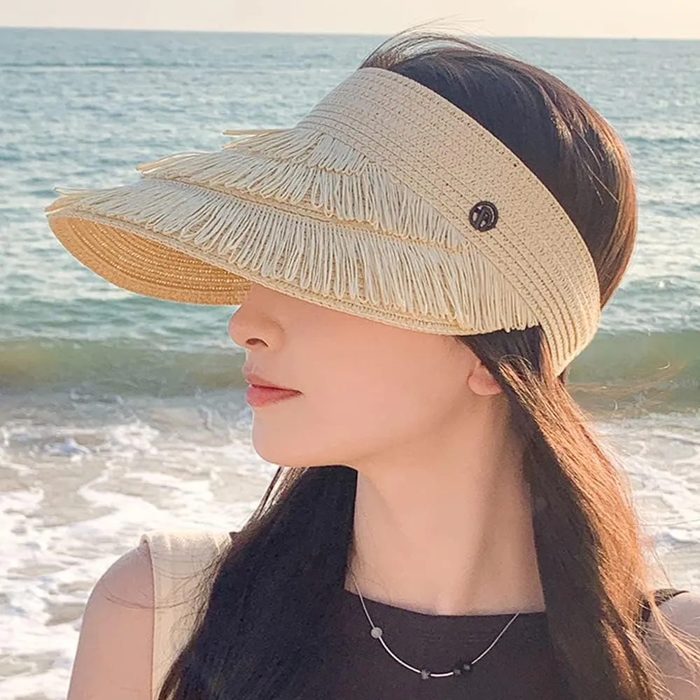 Straw Sun Visor Hat for Women, Summer Wide Brim Beach Sun Hat Roll-up Foldable Golf Visor