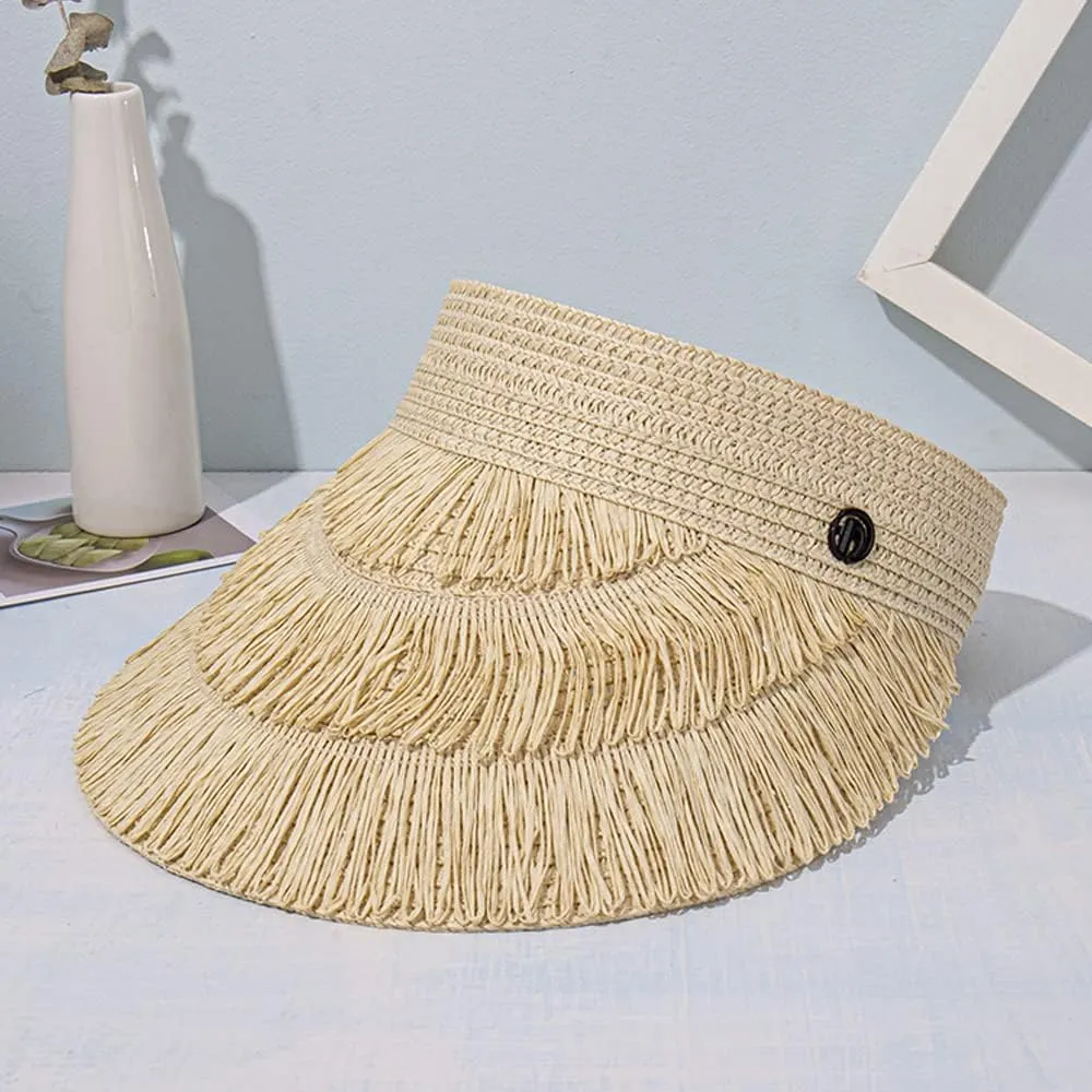 Straw Sun Visor Hat for Women, Summer Wide Brim Beach Sun Hat Roll-up Foldable Golf Visor