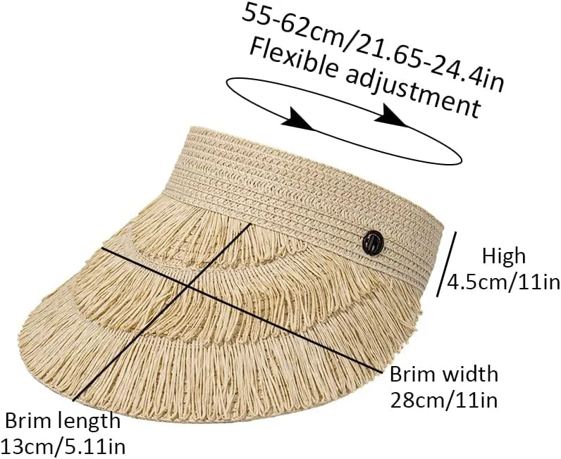 Straw Sun Visor Hat for Women, Summer Wide Brim Beach Sun Hat Roll-up Foldable Golf Visor