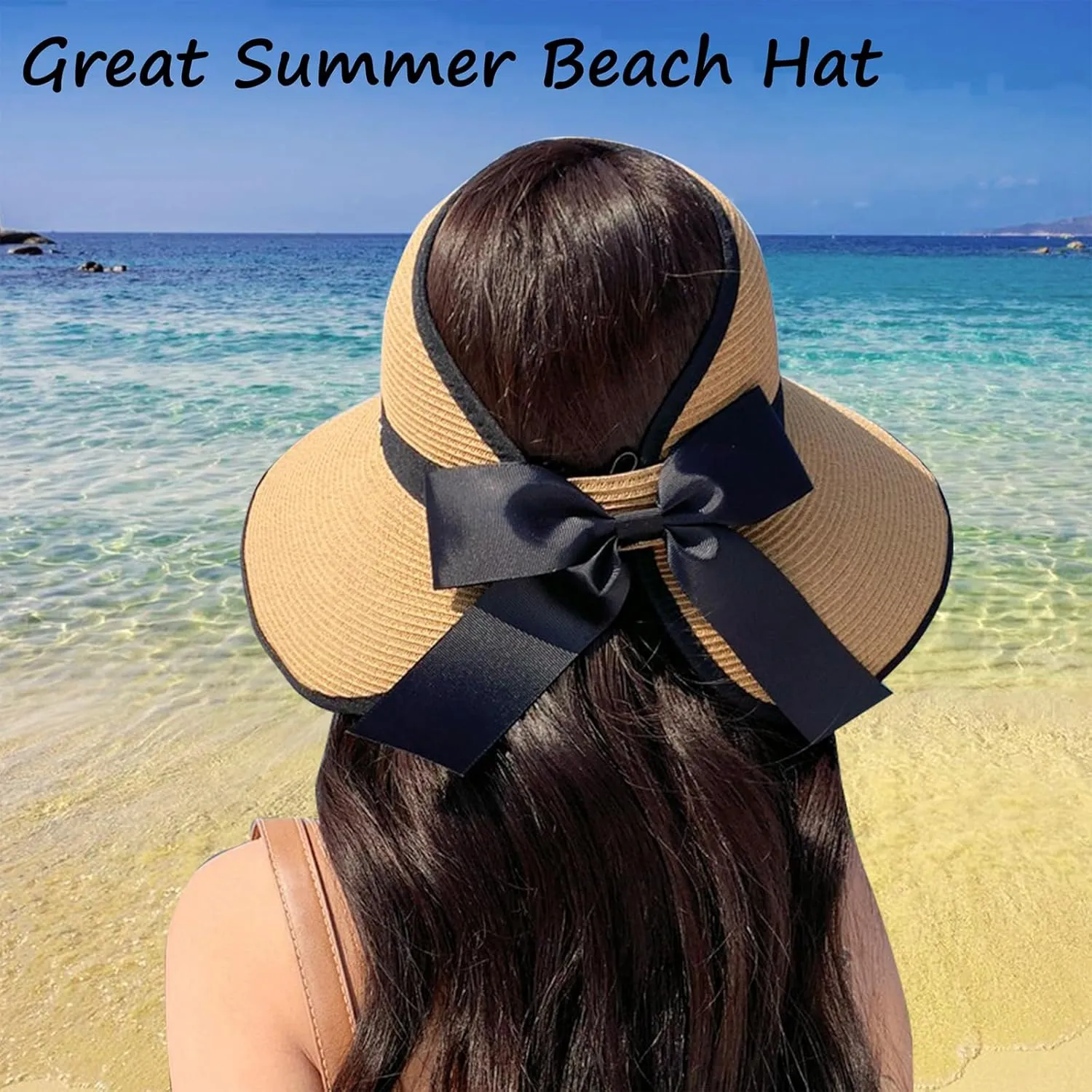 Straw Sun Visor Hats for Women, Ponytail Summer Beach Hat Roll Up Packable Floppy Wide Brim with UPF 50  for Travel
