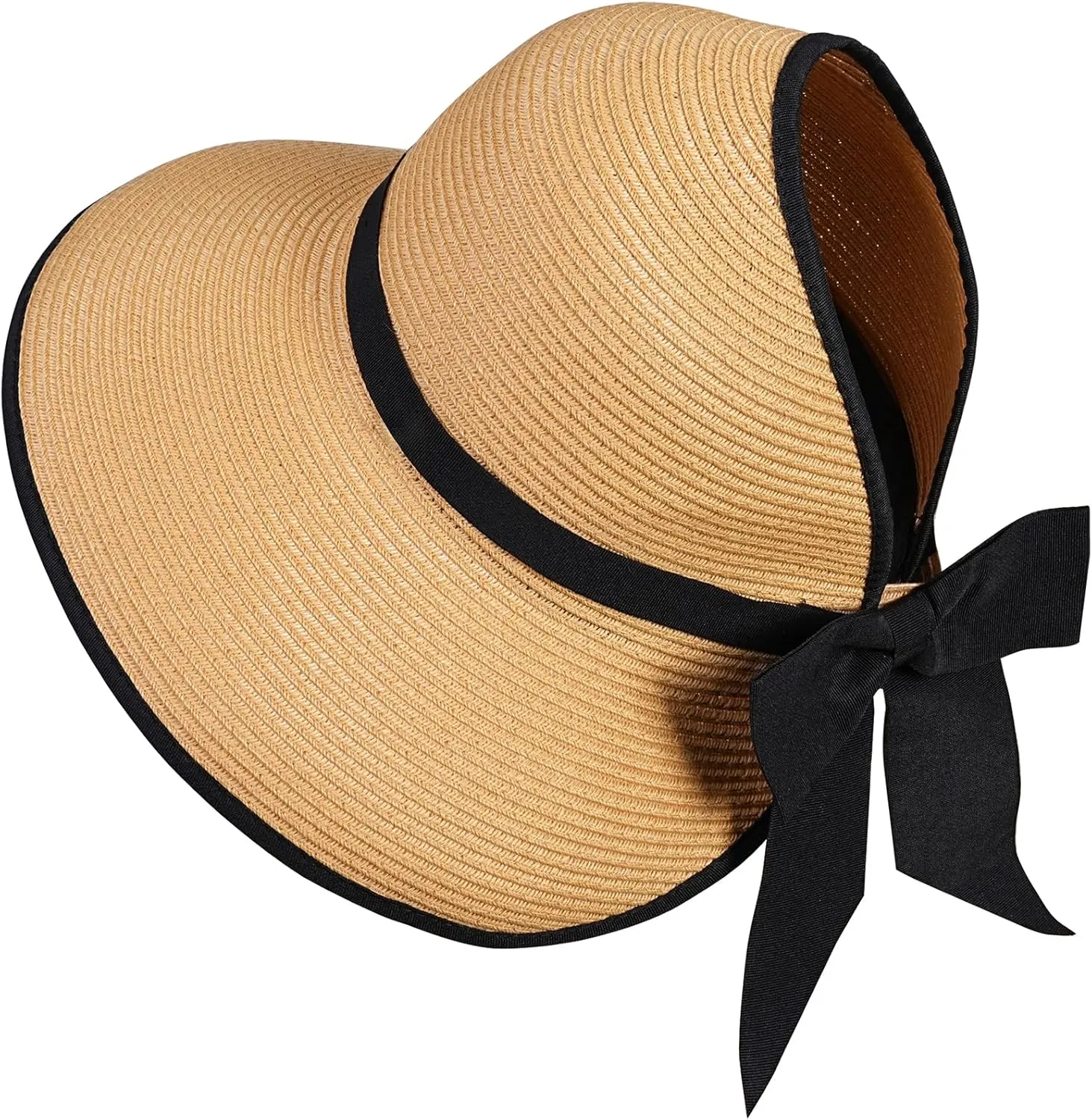 Straw Sun Visor Hats for Women, Ponytail Summer Beach Hat Roll Up Packable Floppy Wide Brim with UPF 50  for Travel