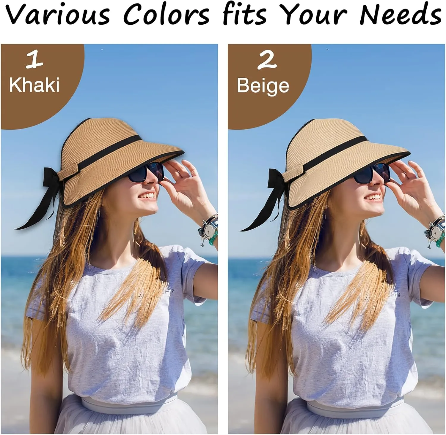 Straw Sun Visor Hats for Women, Ponytail Summer Beach Hat Roll Up Packable Floppy Wide Brim with UPF 50  for Travel