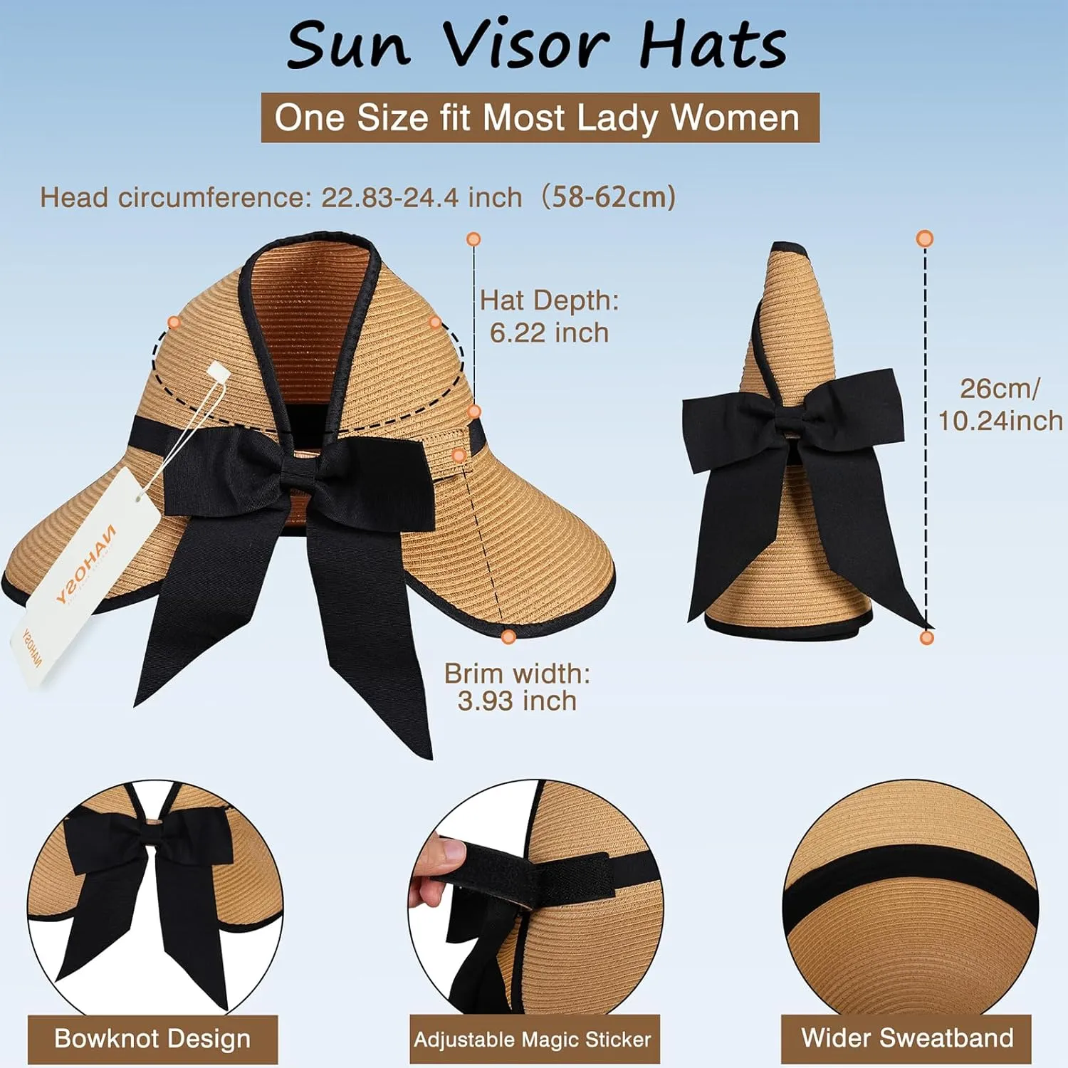 Straw Sun Visor Hats for Women, Ponytail Summer Beach Hat Roll Up Packable Floppy Wide Brim with UPF 50  for Travel