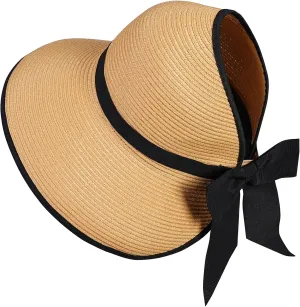 Straw Sun Visor Hats for Women, Ponytail Summer Beach Hat Roll Up Packable Floppy Wide Brim with UPF 50  for Travel