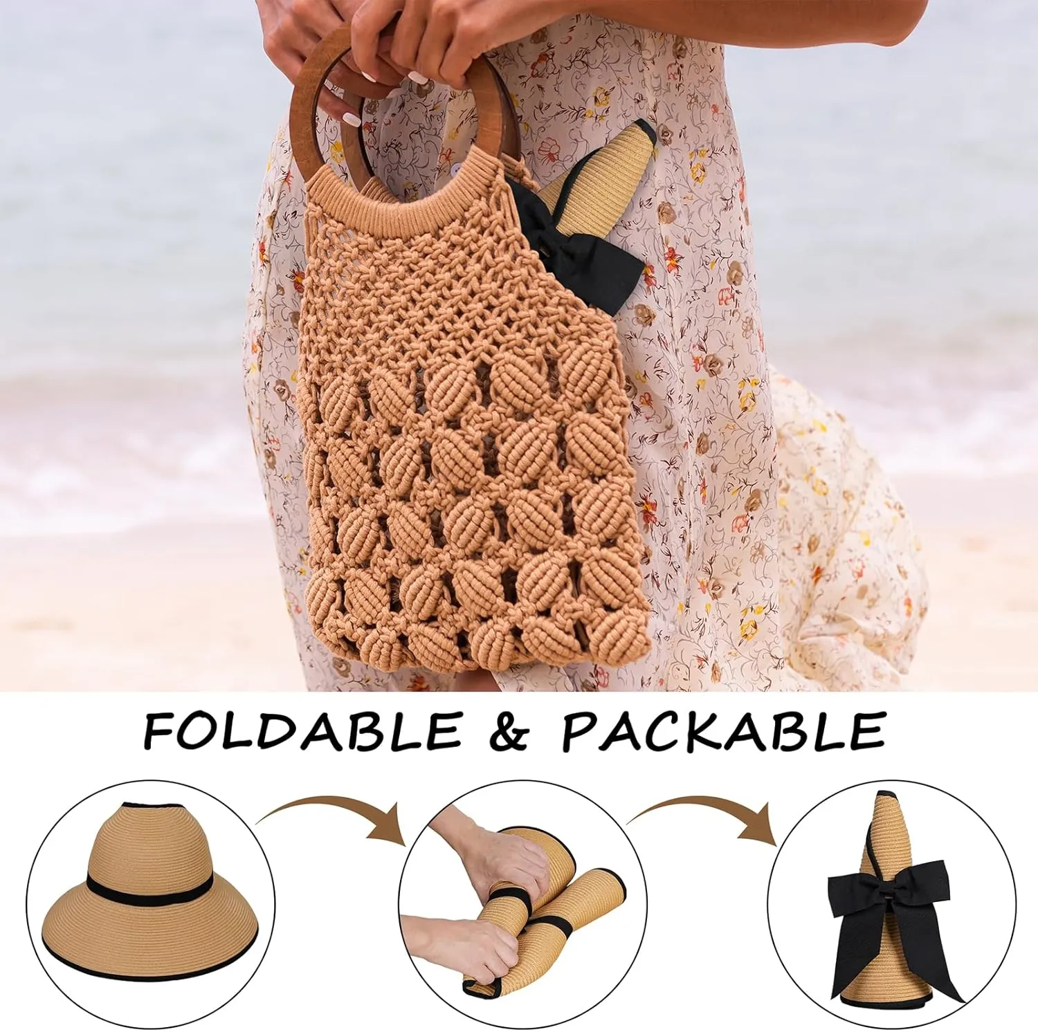 Straw Sun Visor Hats for Women, Ponytail Summer Beach Hat Roll Up Packable Floppy Wide Brim with UPF 50  for Travel