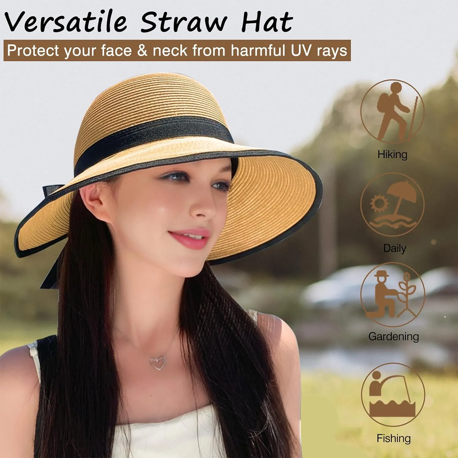 Straw Sun Visor Hats for Women, Ponytail Summer Beach Hat Roll Up Packable Floppy Wide Brim with UPF 50  for Travel