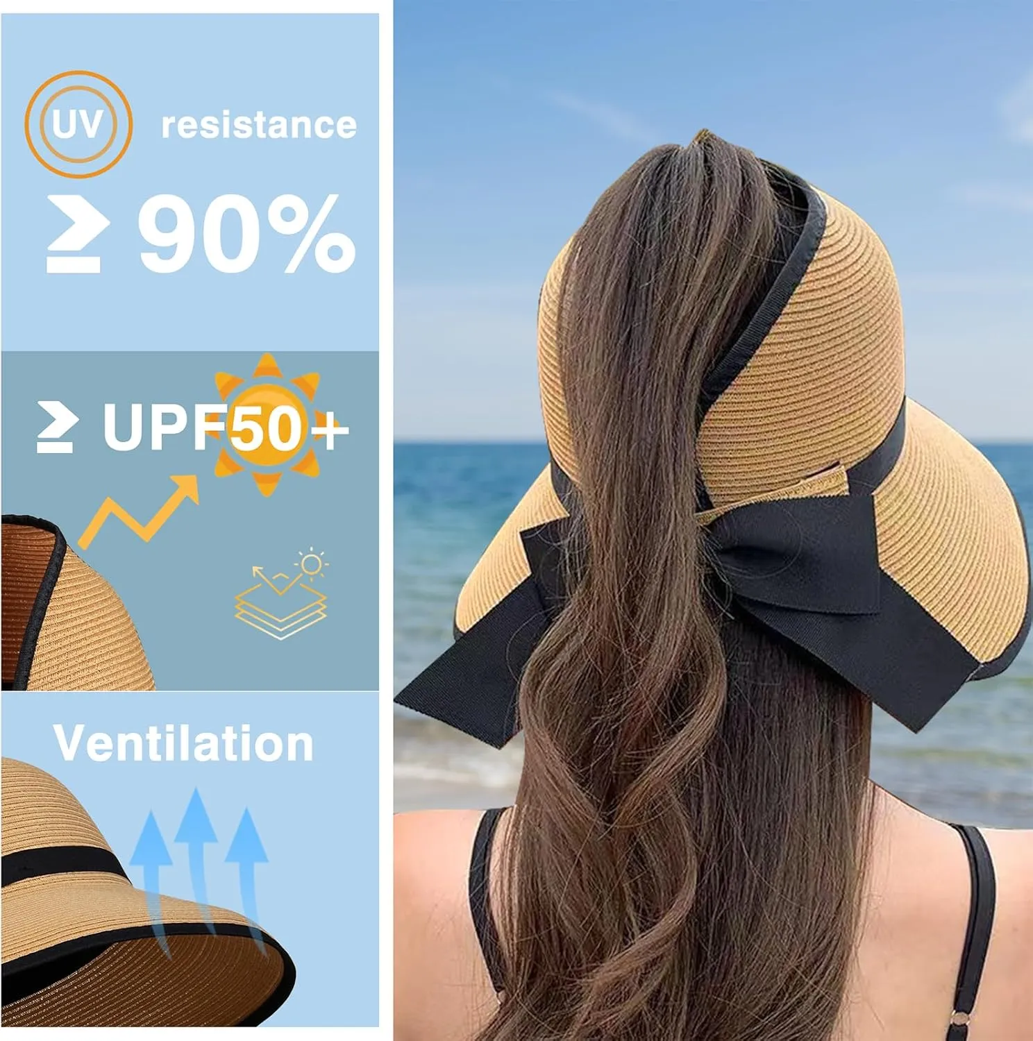 Straw Sun Visor Hats for Women, Ponytail Summer Beach Hat Roll Up Packable Floppy Wide Brim with UPF 50  for Travel