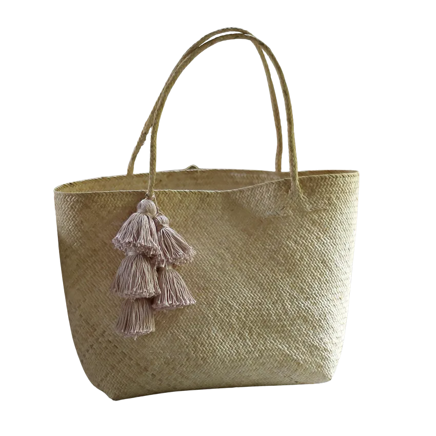 Straw Tote Bag, Pale Blush Tassels