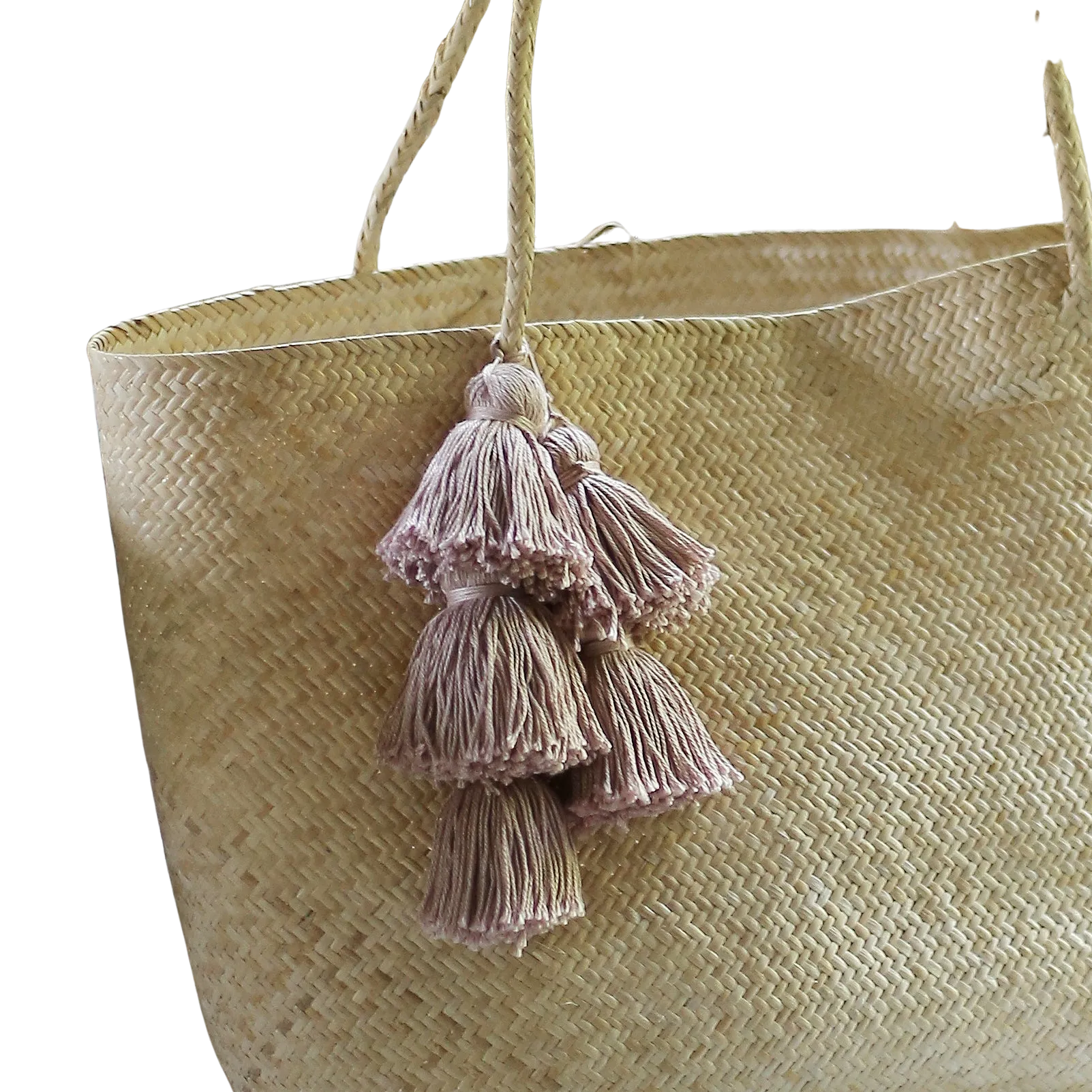 Straw Tote Bag, Pale Blush Tassels