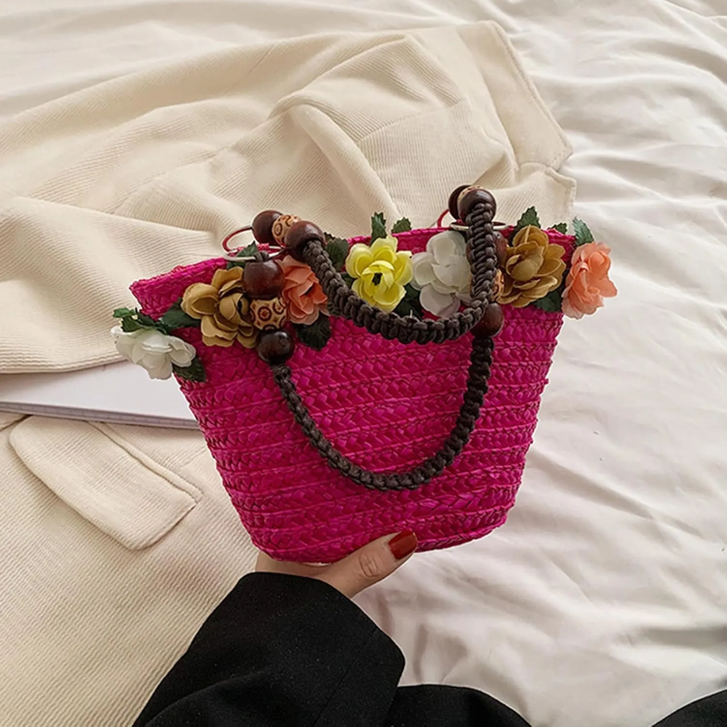 Straw Travel Beach Bag for Women 3D Flower Hand Woven Top-handle Handbag Summer Rattan Tote Clutch Bags