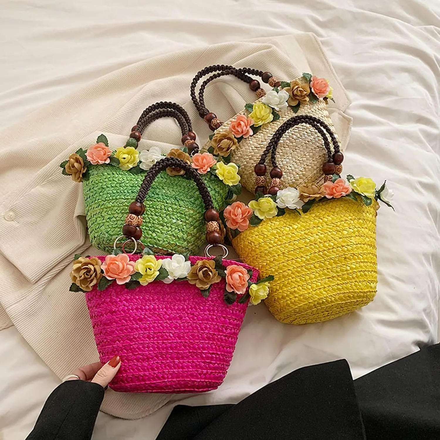 Straw Travel Beach Bag for Women 3D Flower Hand Woven Top-handle Handbag Summer Rattan Tote Clutch Bags