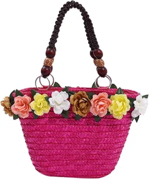 Straw Travel Beach Bag for Women 3D Flower Hand Woven Top-handle Handbag Summer Rattan Tote Clutch Bags