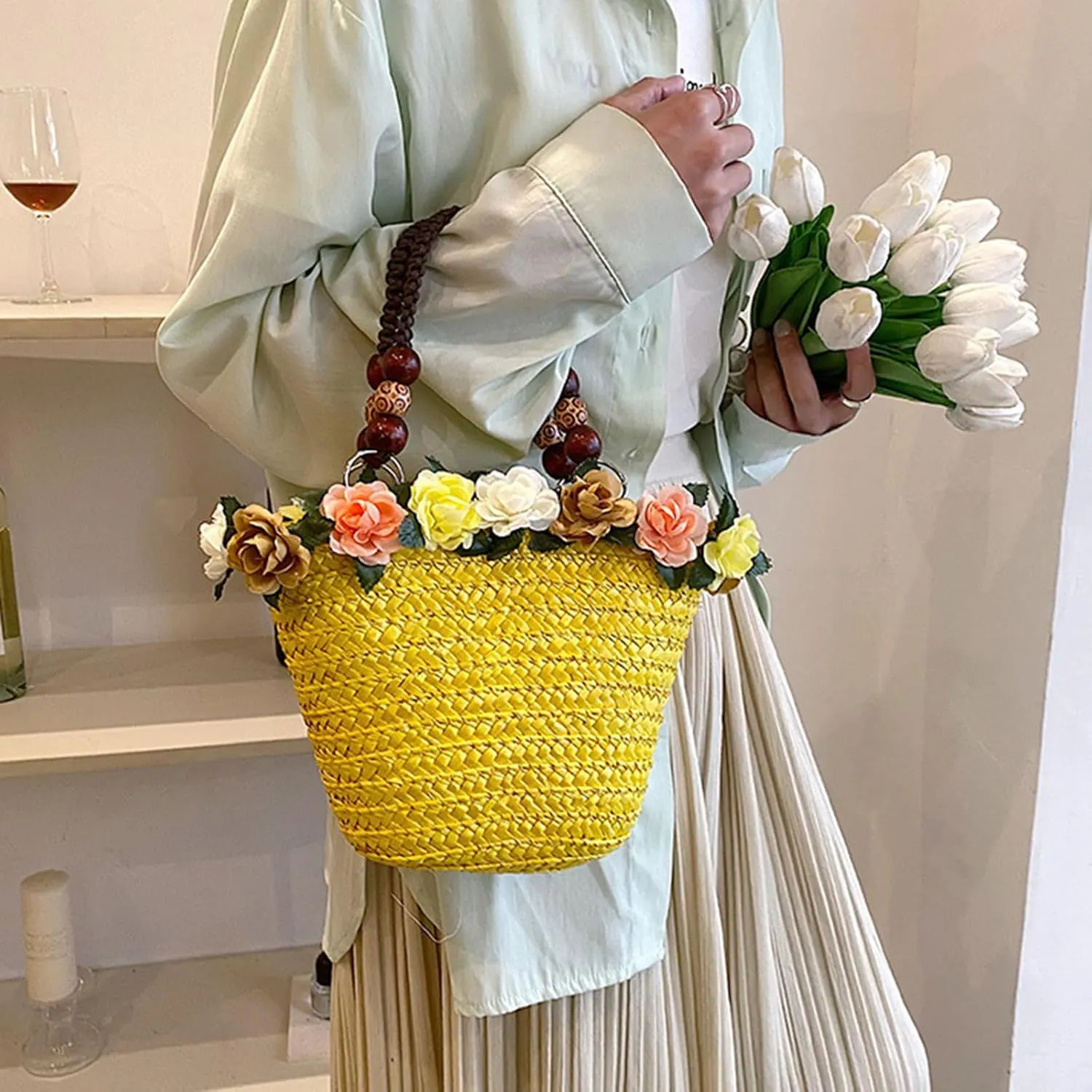 Straw Travel Beach Bag for Women 3D Flower Hand Woven Top-handle Handbag Summer Rattan Tote Clutch Bags