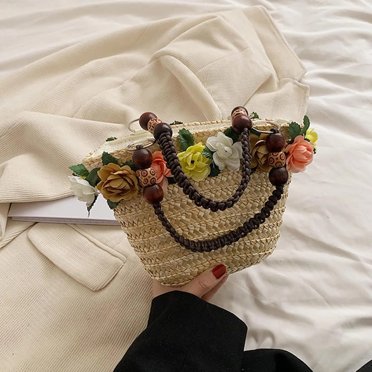 Straw Travel Beach Bag for Women 3D Flower Hand Woven Top-handle Handbag Summer Rattan Tote Clutch Bags