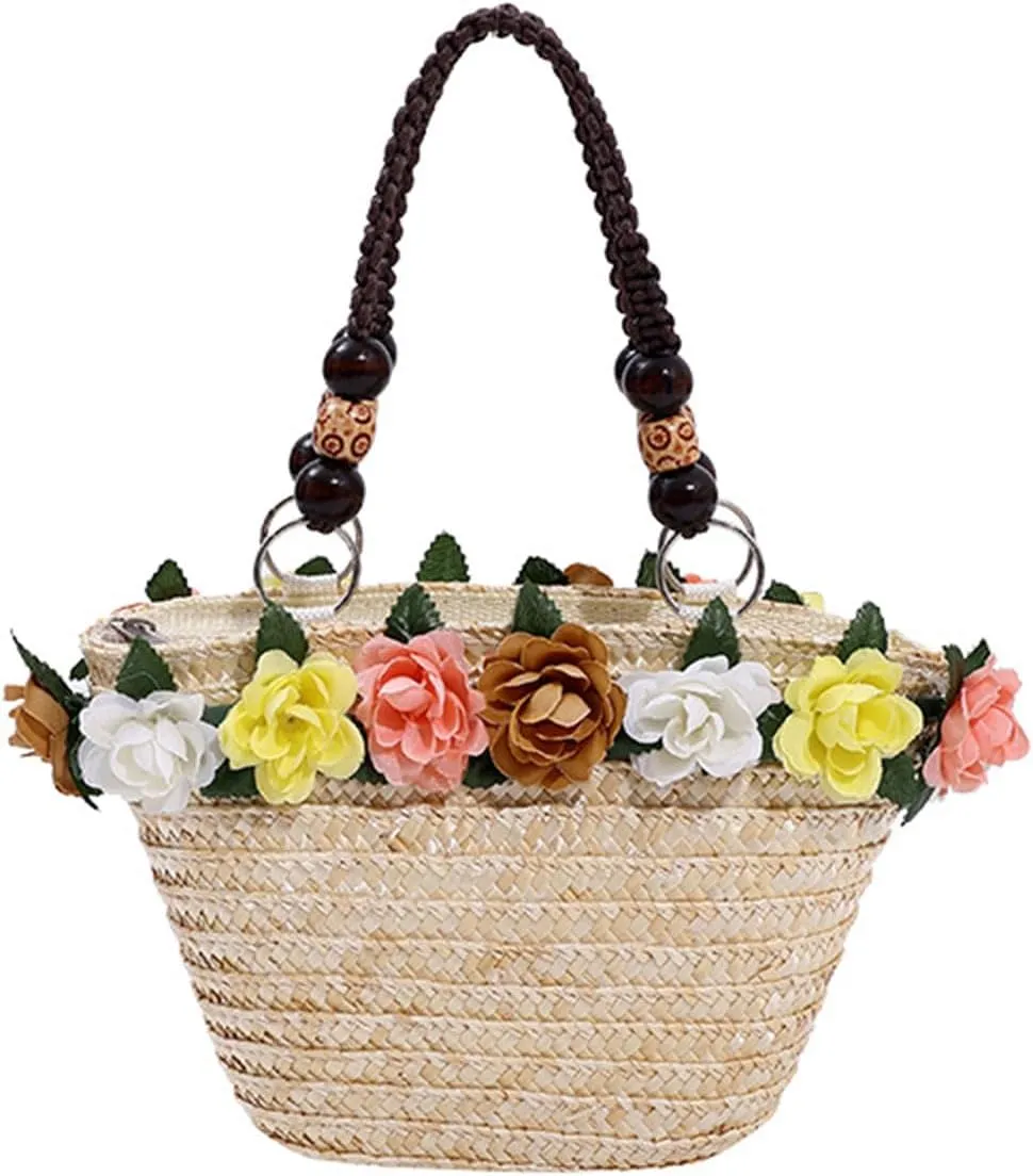 Straw Travel Beach Bag for Women 3D Flower Hand Woven Top-handle Handbag Summer Rattan Tote Clutch Bags