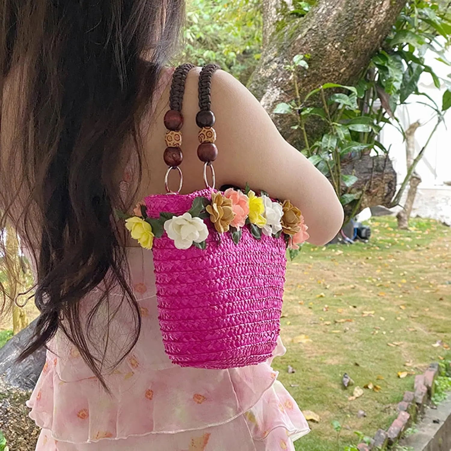 Straw Travel Beach Bag for Women 3D Flower Hand Woven Top-handle Handbag Summer Rattan Tote Clutch Bags