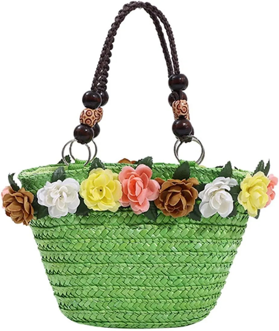 Straw Travel Beach Bag for Women 3D Flower Hand Woven Top-handle Handbag Summer Rattan Tote Clutch Bags