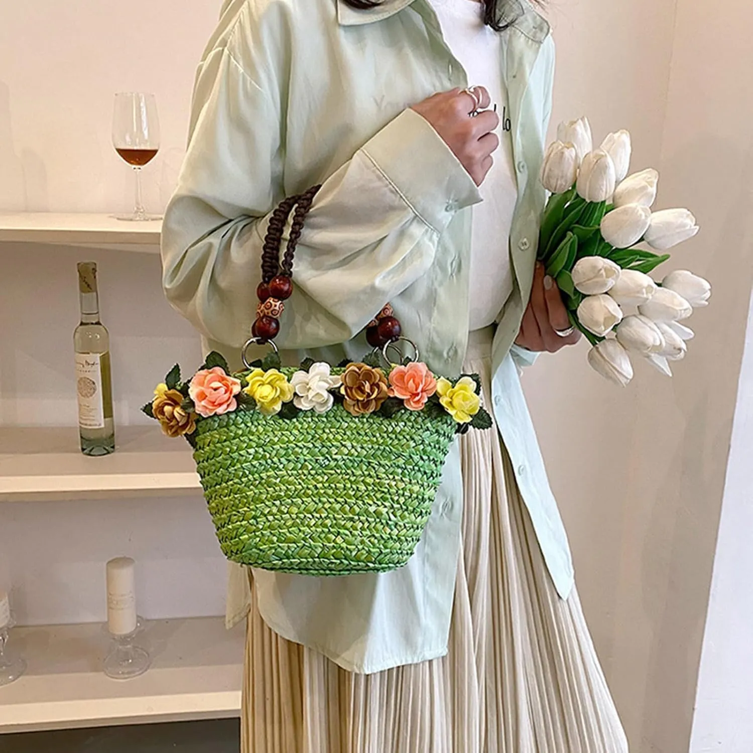 Straw Travel Beach Bag for Women 3D Flower Hand Woven Top-handle Handbag Summer Rattan Tote Clutch Bags
