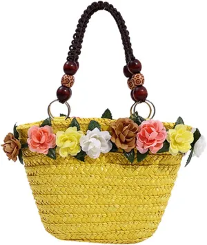 Straw Travel Beach Bag for Women 3D Flower Hand Woven Top-handle Handbag Summer Rattan Tote Clutch Bags