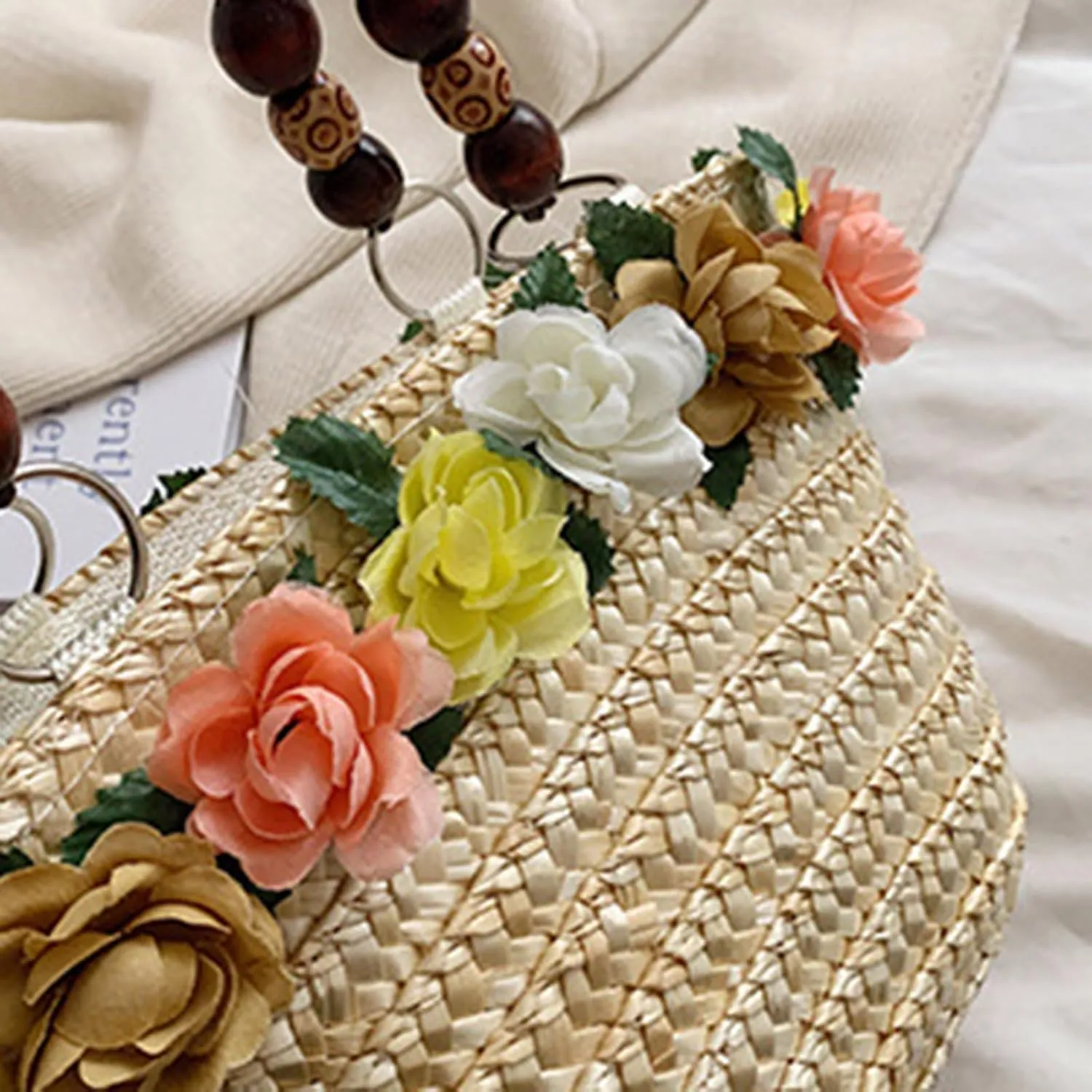 Straw Travel Beach Bag for Women 3D Flower Hand Woven Top-handle Handbag Summer Rattan Tote Clutch Bags