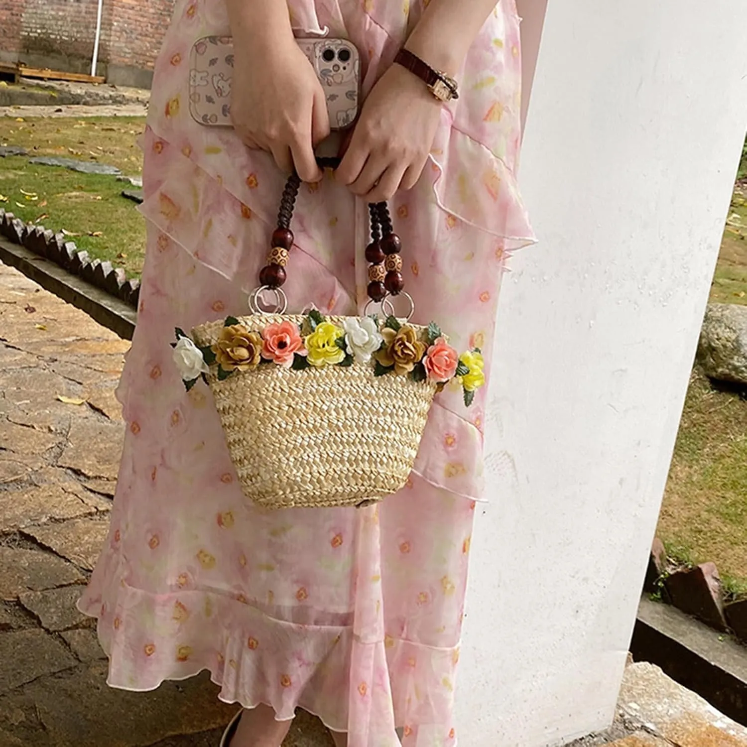 Straw Travel Beach Bag for Women 3D Flower Hand Woven Top-handle Handbag Summer Rattan Tote Clutch Bags