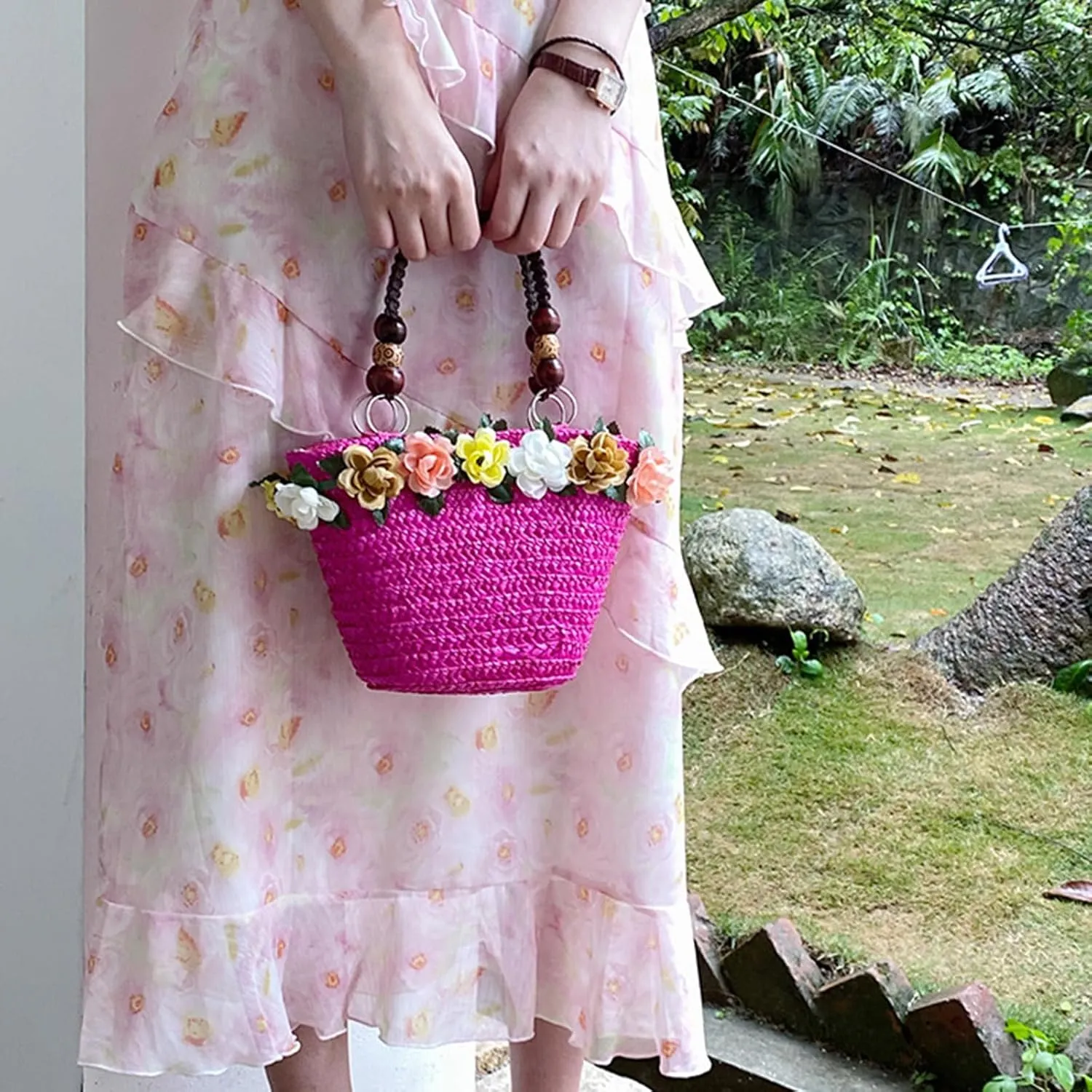 Straw Travel Beach Bag for Women 3D Flower Hand Woven Top-handle Handbag Summer Rattan Tote Clutch Bags