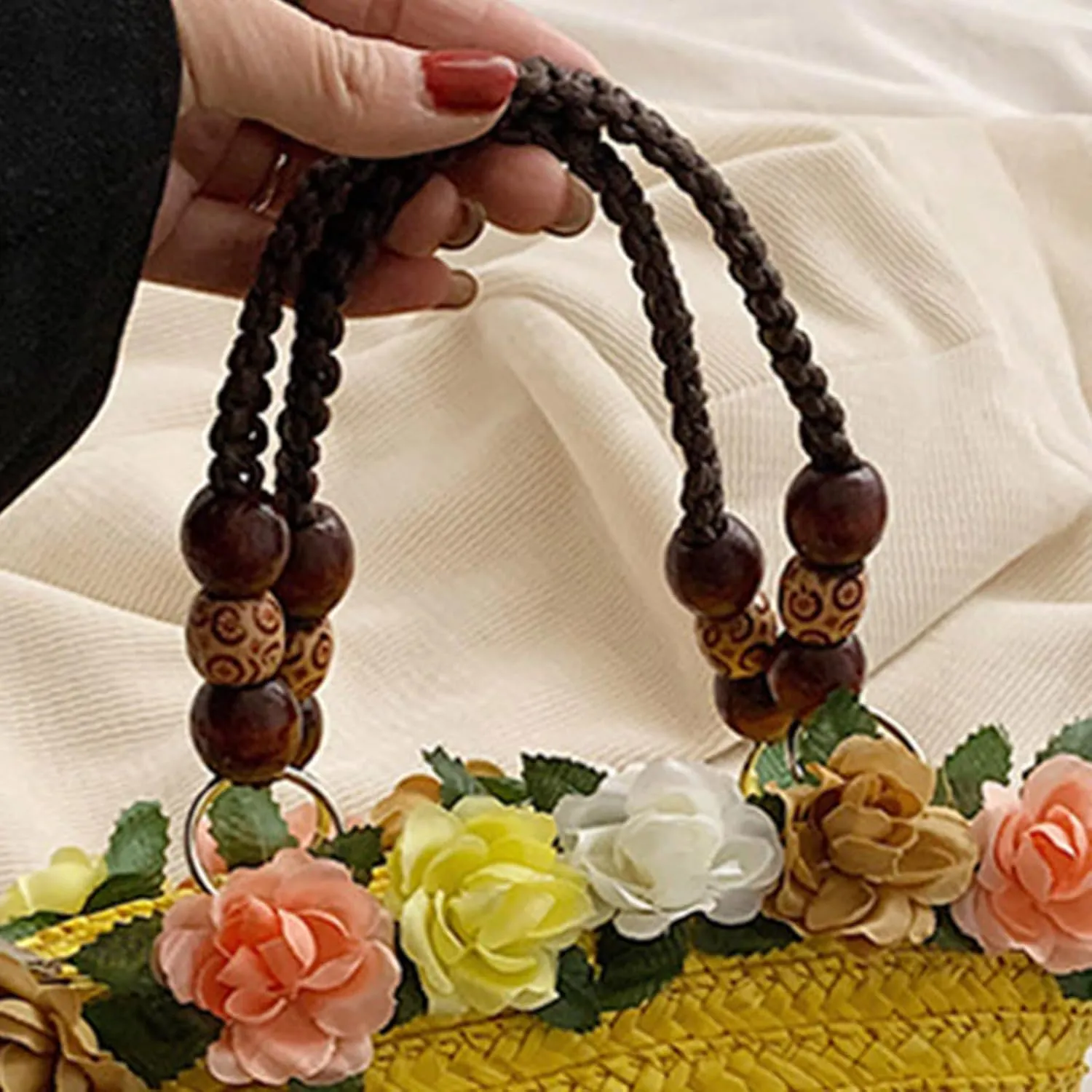 Straw Travel Beach Bag for Women 3D Flower Hand Woven Top-handle Handbag Summer Rattan Tote Clutch Bags