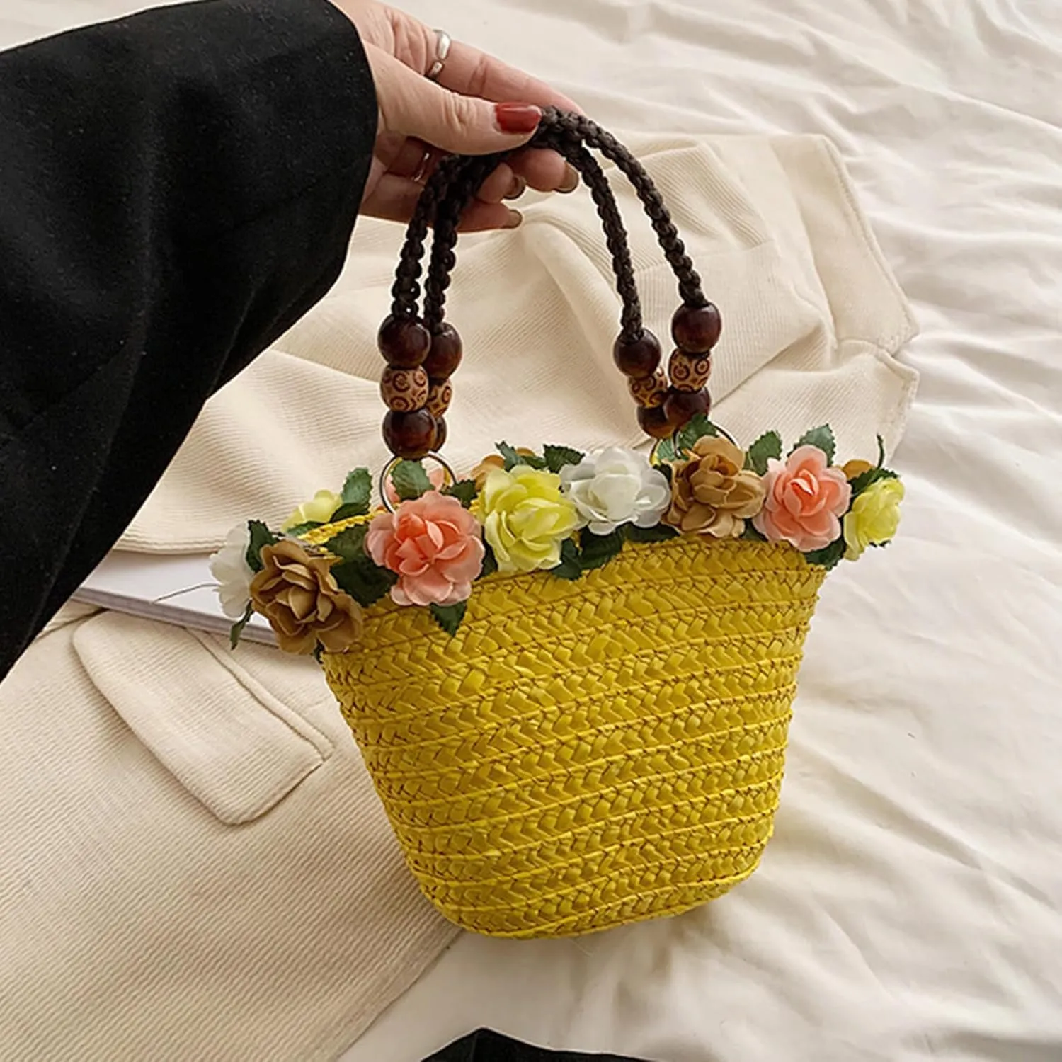 Straw Travel Beach Bag for Women 3D Flower Hand Woven Top-handle Handbag Summer Rattan Tote Clutch Bags
