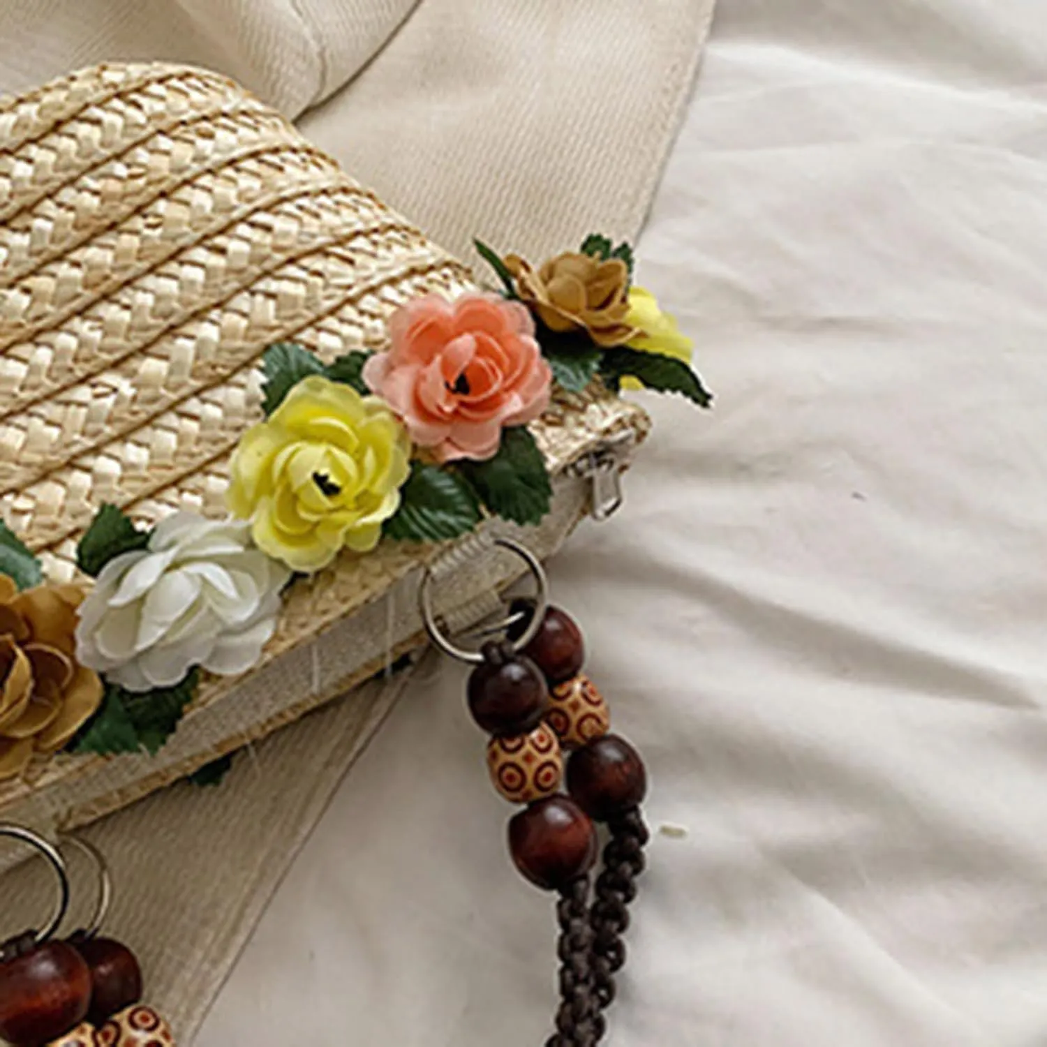 Straw Travel Beach Bag for Women 3D Flower Hand Woven Top-handle Handbag Summer Rattan Tote Clutch Bags