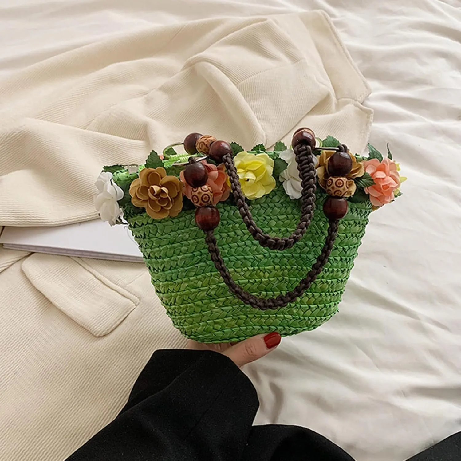 Straw Travel Beach Bag for Women 3D Flower Hand Woven Top-handle Handbag Summer Rattan Tote Clutch Bags