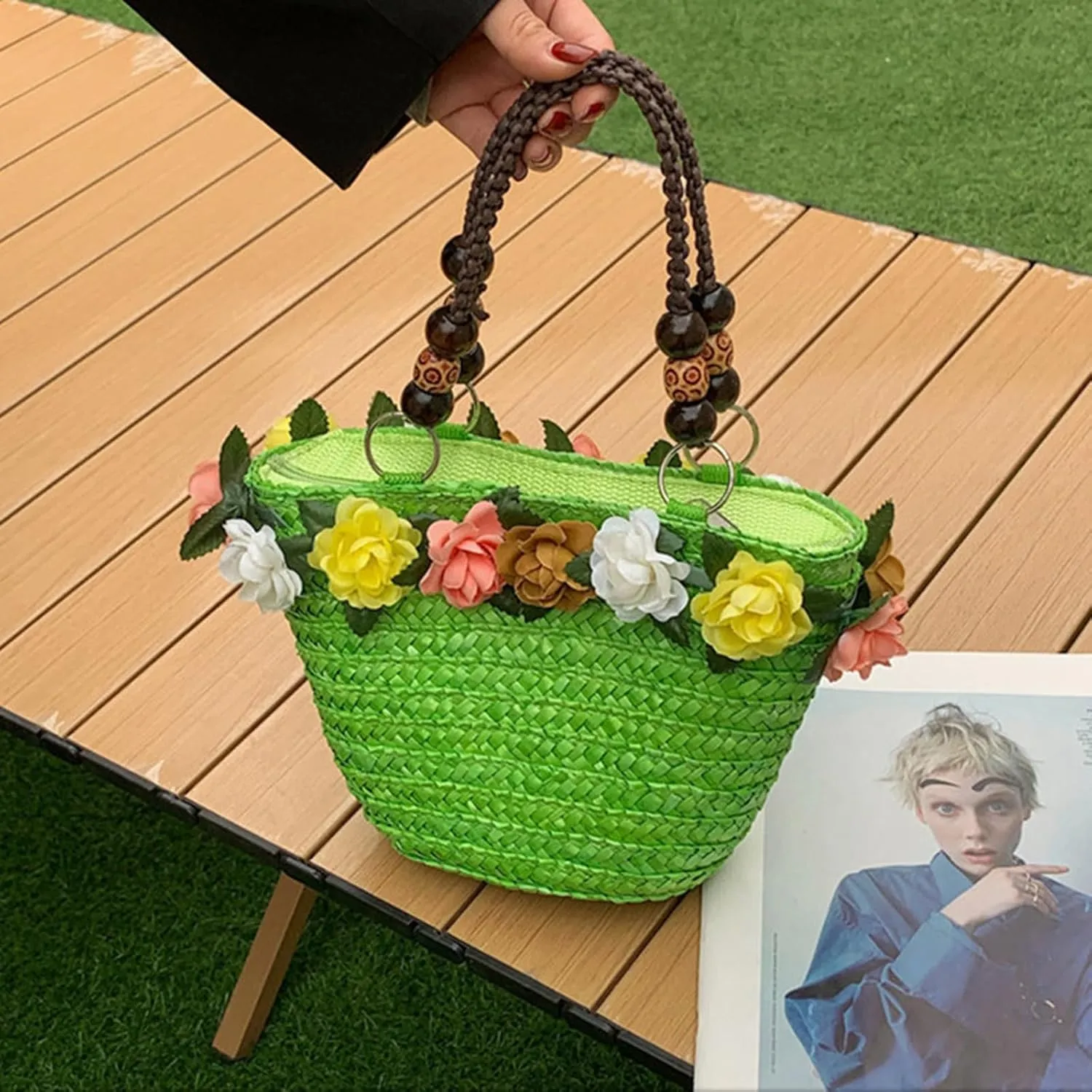 Straw Travel Beach Bag for Women 3D Flower Hand Woven Top-handle Handbag Summer Rattan Tote Clutch Bags