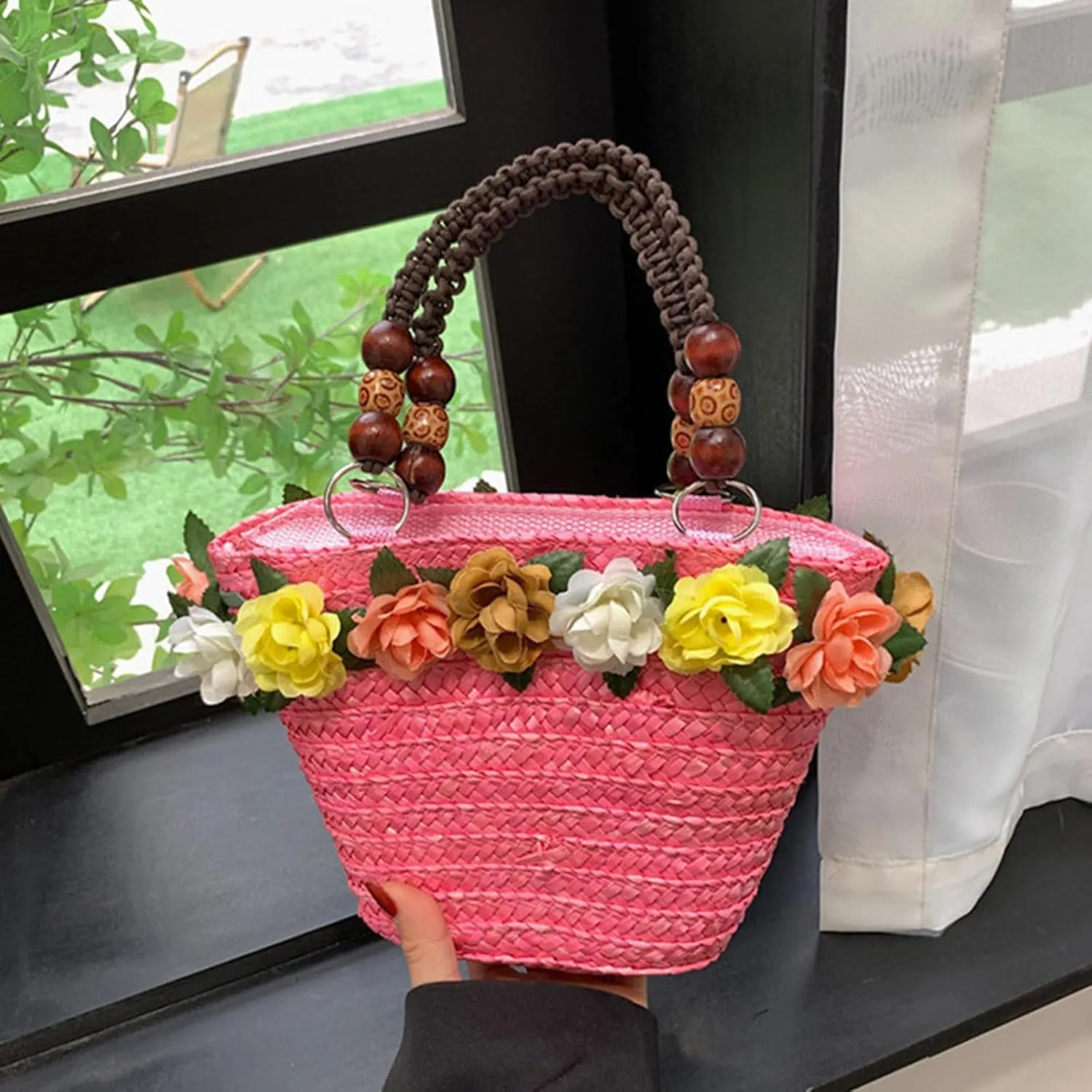 Straw Travel Beach Bag for Women 3D Flower Hand Woven Top-handle Handbag Summer Rattan Tote Clutch Bags