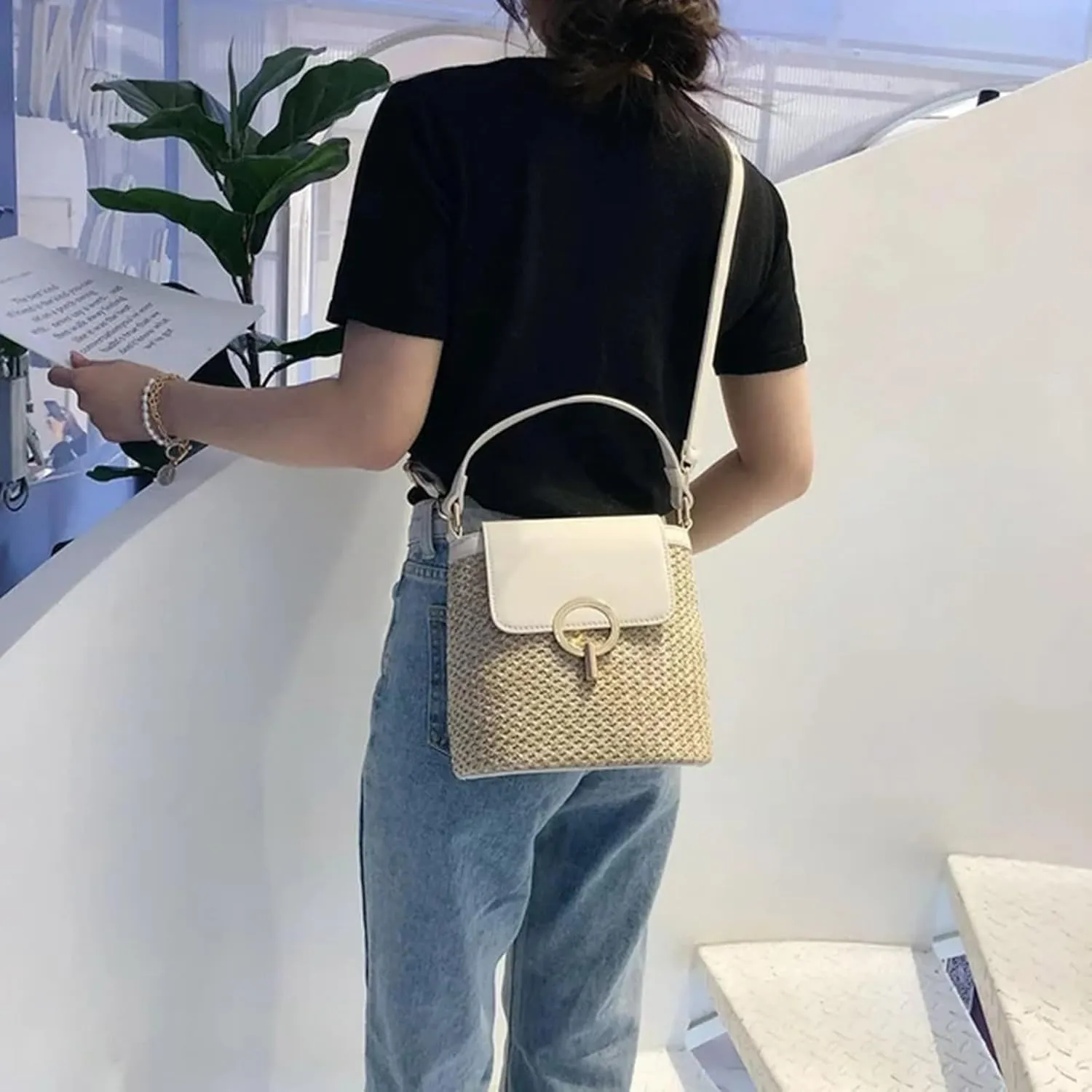 Straw Weave Women Ladies Bucket Handbags Summer Beach Shoulder Bags Lap Purse (B, One Size)