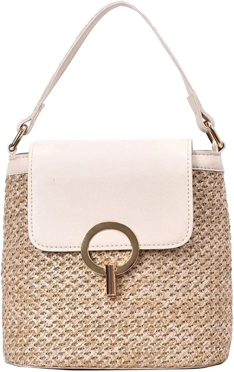 Straw Weave Women Ladies Bucket Handbags Summer Beach Shoulder Bags Lap Purse (B, One Size)