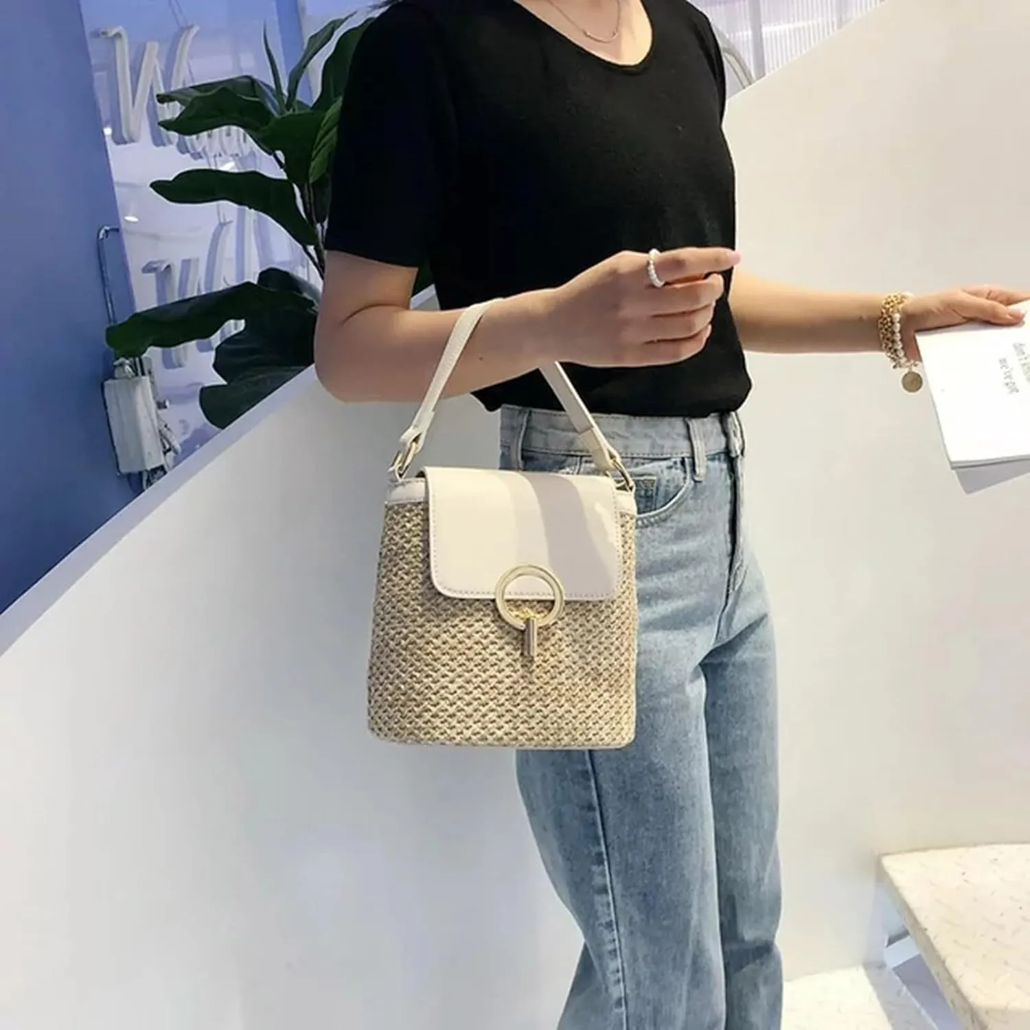 Straw Weave Women Ladies Bucket Handbags Summer Beach Shoulder Bags Lap Purse (B, One Size)