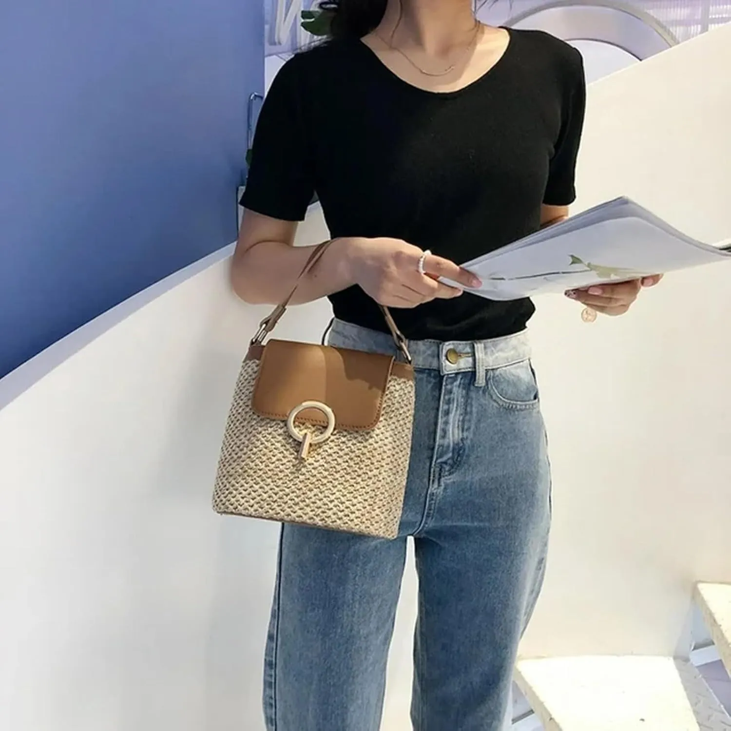Straw Weave Women Ladies Bucket Handbags Summer Beach Shoulder Bags Lap Purse (D, One Size)