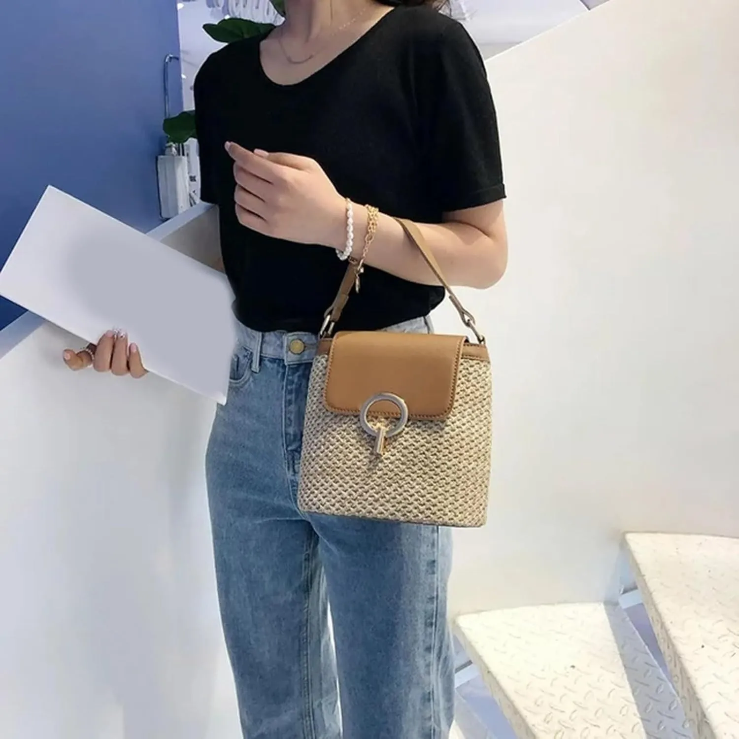 Straw Weave Women Ladies Bucket Handbags Summer Beach Shoulder Bags Lap Purse (D, One Size)