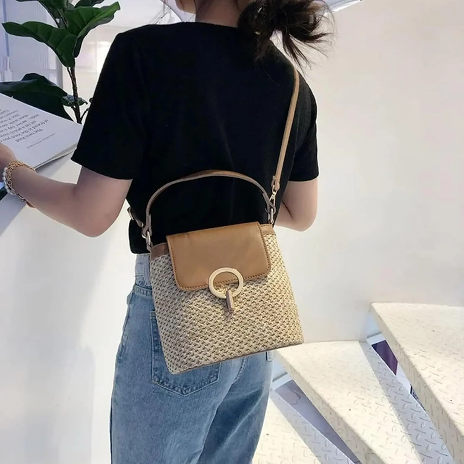 Straw Weave Women Ladies Bucket Handbags Summer Beach Shoulder Bags Lap Purse (D, One Size)