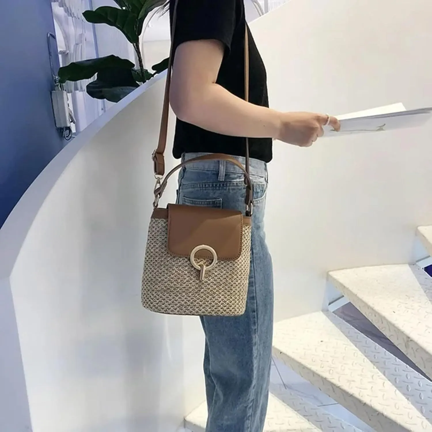 Straw Weave Women Ladies Bucket Handbags Summer Beach Shoulder Bags Lap Purse (D, One Size)
