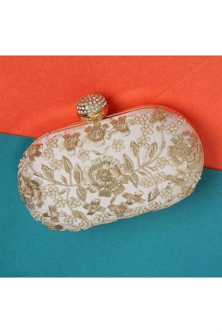 Stunning Embroidered Art Silk Clutch In White Color