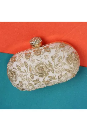 Stunning Embroidered Art Silk Clutch In White Color