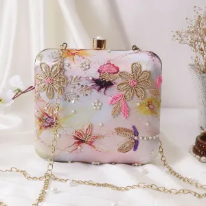 Stunning Printed Embroidery Square Shape Clutch Bag For Party