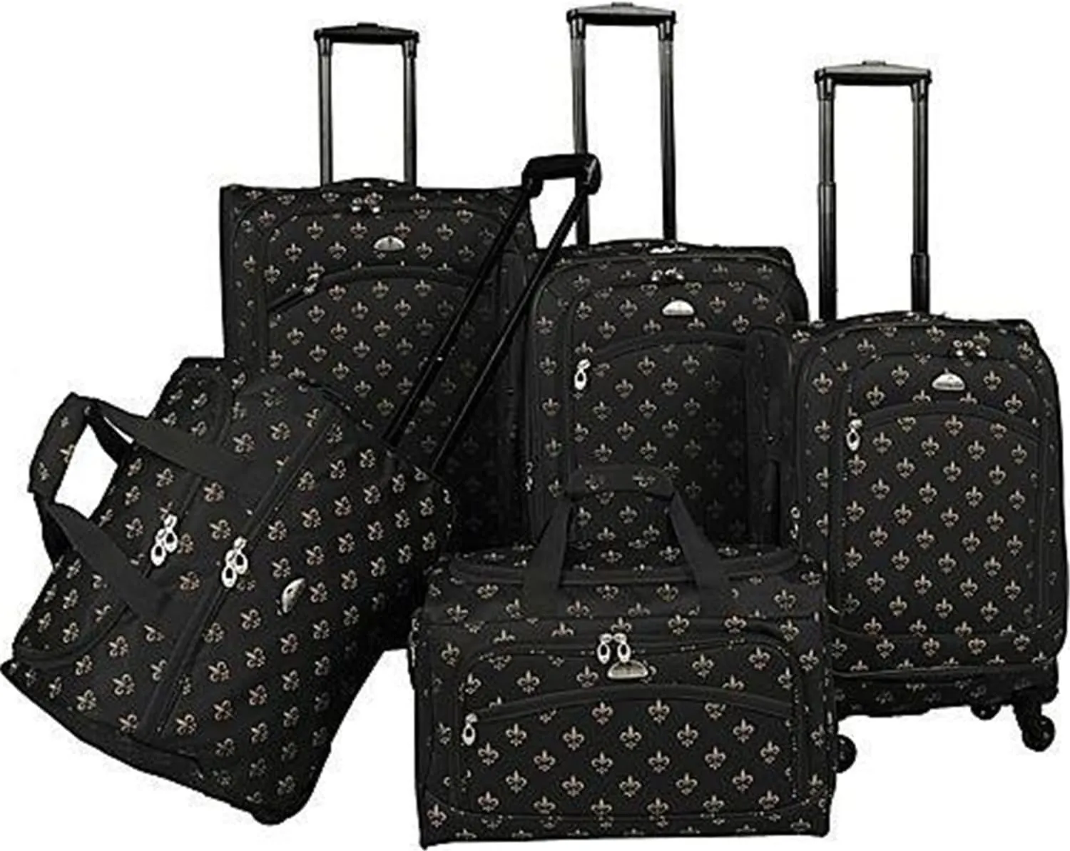 Suburban Soiree 5-Piece Luggage Set with Spinner Wheels - Large Upright 18"x12"x28", Medium Upright 16"x10"x26", Carry-On 14"x9"x22", Duffel, Personal Bag